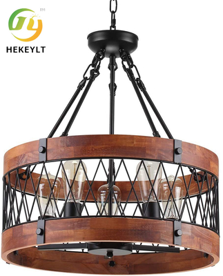 American Retro Five Head Round Wood Chandelier Moderno Semplice Soggiorno Camera Da Letto Hotel Pendant Light